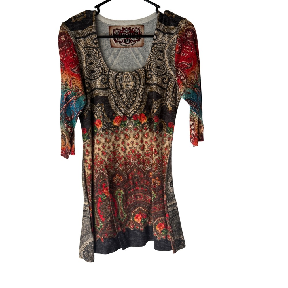 Amma Design Dress M Medium Paisley Floral Print Made in LA Colorful‎ Unique Boho